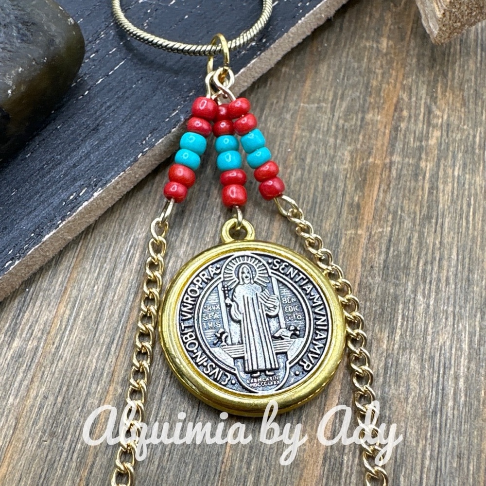 Saint Benedict turquoise cluster charms gold necklace - Picture 2 of 4